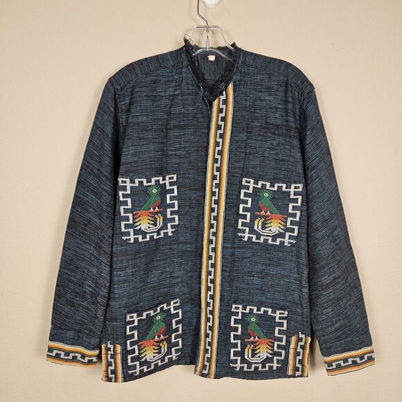VTG 70s Guatemalan Handmade Quetzel Tribal Aztec Shirt Jacket Embroidered Medium - Picture 1 of 10
